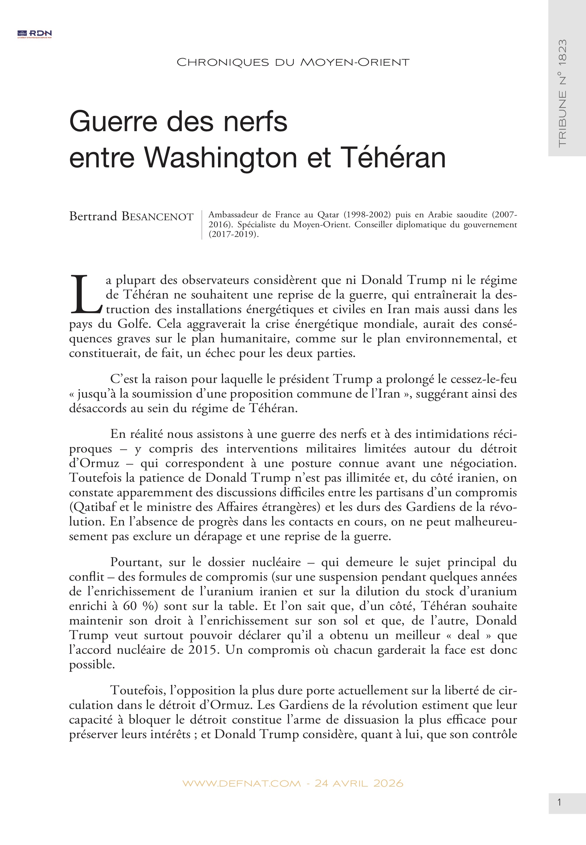 Chroniques du Moyen-Orient &ndash;&nbsp;Guerre des&nbsp;nerfs entre&nbsp;Washington et&nbsp;T&eacute;h&eacute;ran (T&nbsp;1823)
